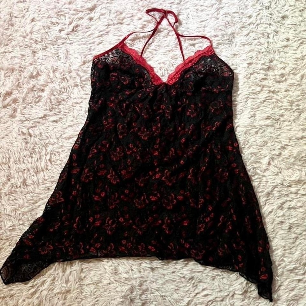 Dark Romance Whimsygoth Sheer Floral Asymmetrical Lace Slip Lingerie Womens  L‎